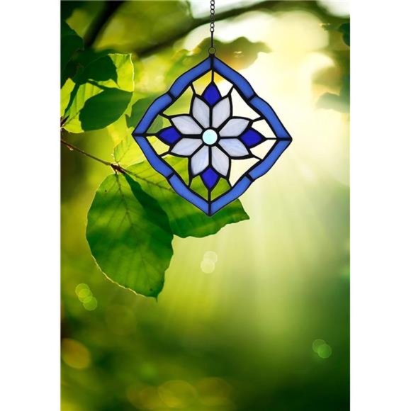 Stained Glass Windows Hanging Suncatchers Flower Blue, 6" x 6" - Picture 8 of 8